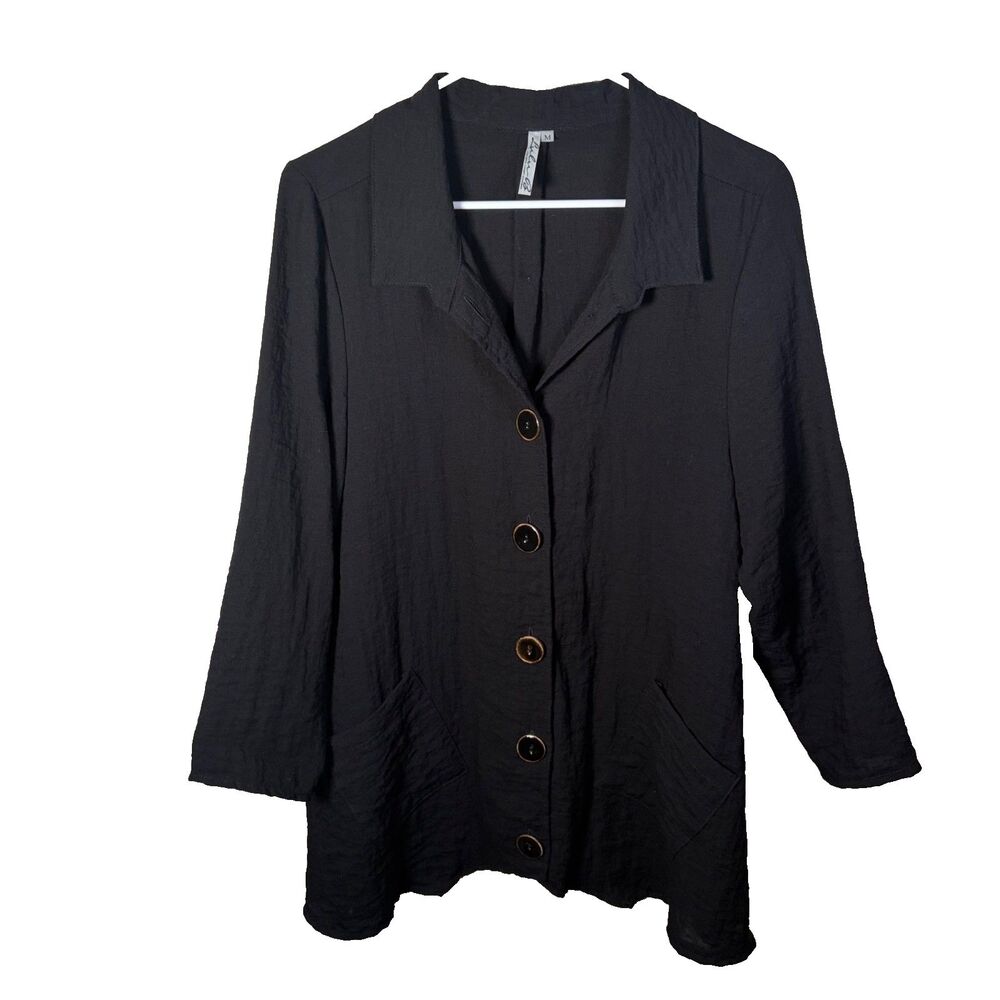 Lulu-B Blouse Women's Medium Black Button Up 3/4 Sleeve Collared Top Shirt